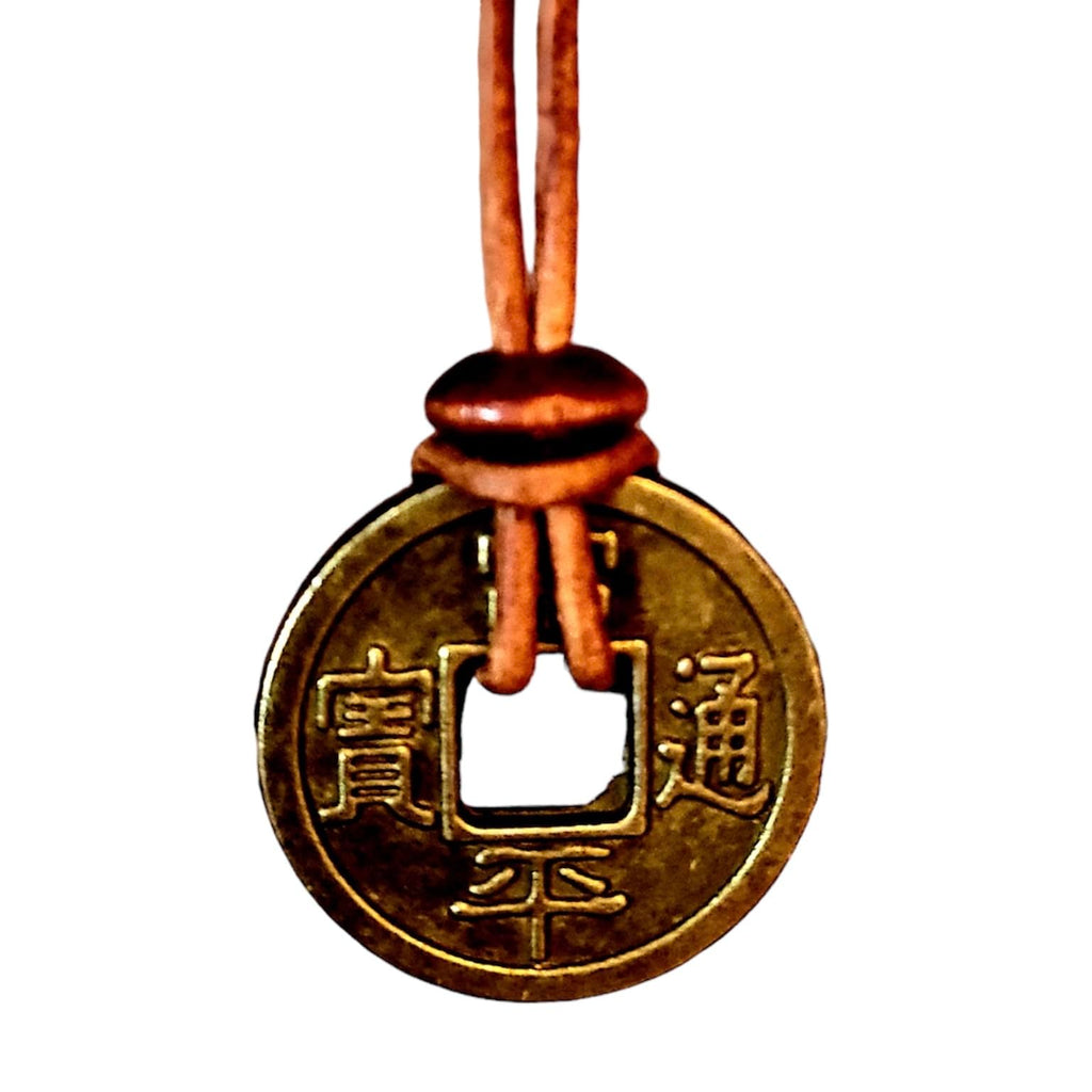 Ancient Korean Good Luck, Wealth, Meditation Coin, Pendant, Adjustable Brown Genuine Leather Necklace - Superb Tsar Style for Men, Women