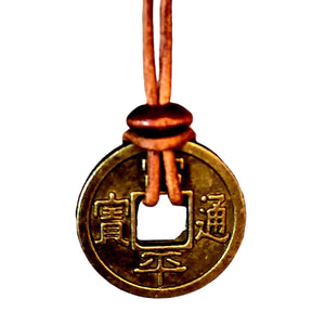 Ancient Korean Good Luck, Wealth, Meditation Coin, Pendant, Adjustable Brown Genuine Leather Necklace - Superb Tsar Style for Men, Women