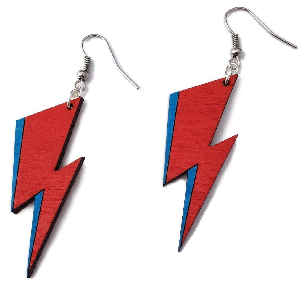 Lightning Bolt Dangle Earrings | Hand-Painted Red & Blue Bolt Rockstar Wooden Drop Jewelry