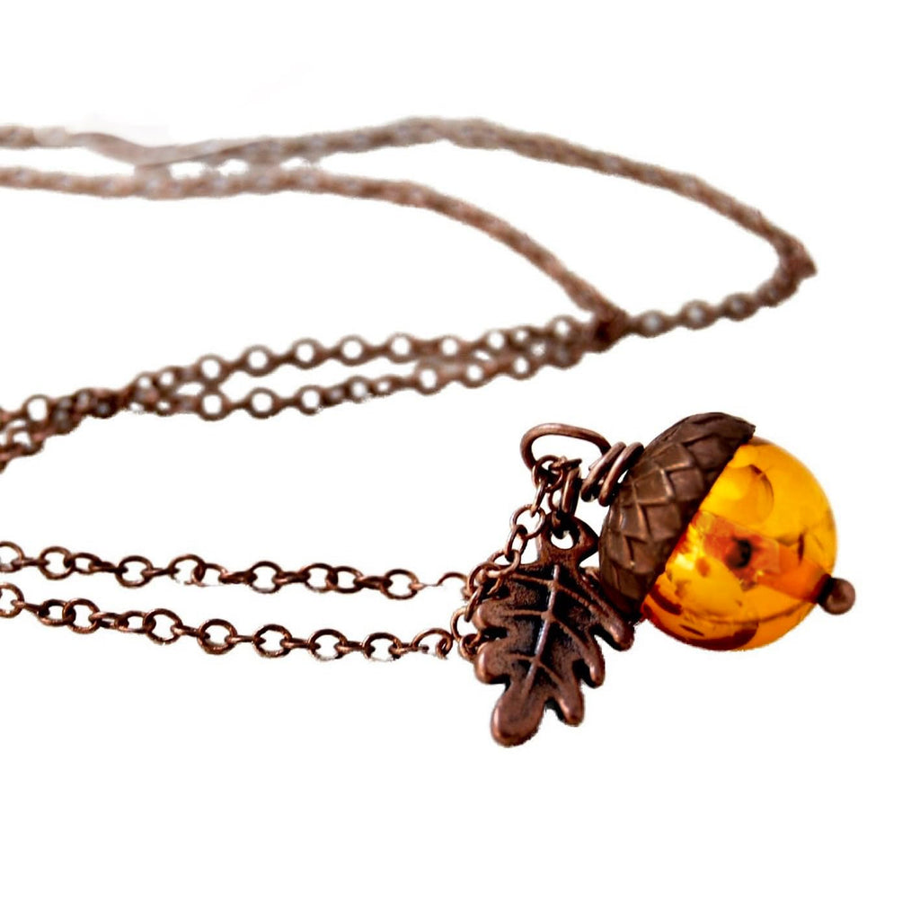 Enchanted Leaves - Orange and Copper Acorn Necklace - Orange Lucite Fall Acorn Pendant - Cute Nature Charm Necklace