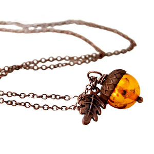 Enchanted Leaves - Orange and Copper Acorn Necklace - Orange Lucite Fall Acorn Pendant - Cute Nature Charm Necklace