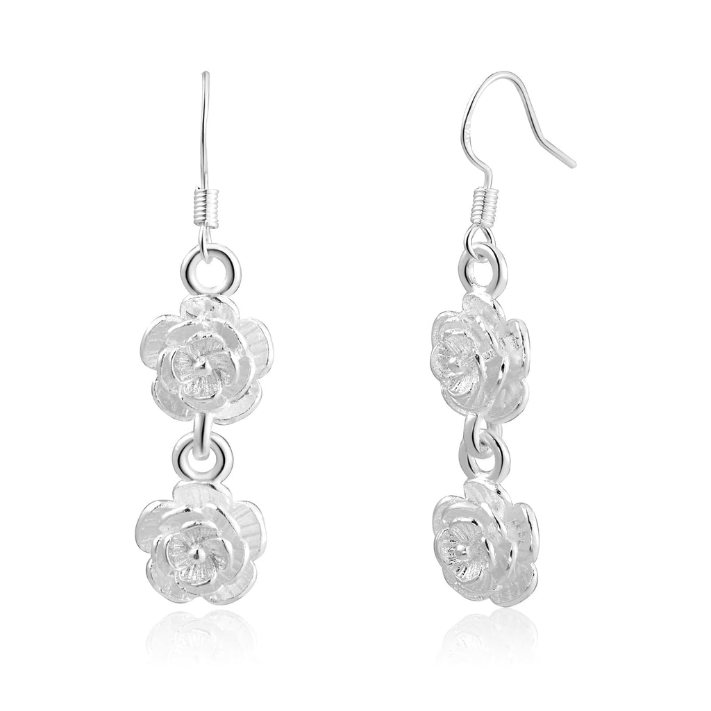 Watforsh Flower 925 Sterling Silver Earrings for Women Floral with Double Rose Earrings Long Tassel Drop Silver Dangle