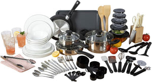 Gibson Home 74 Piece Kitchen in a Box Pots and Pans Cookware, Plates and Bowls Dinnerware, Cutlery Knife Block, Flatware Utensils, Tools & Gadgets, Storage, Glasses Set