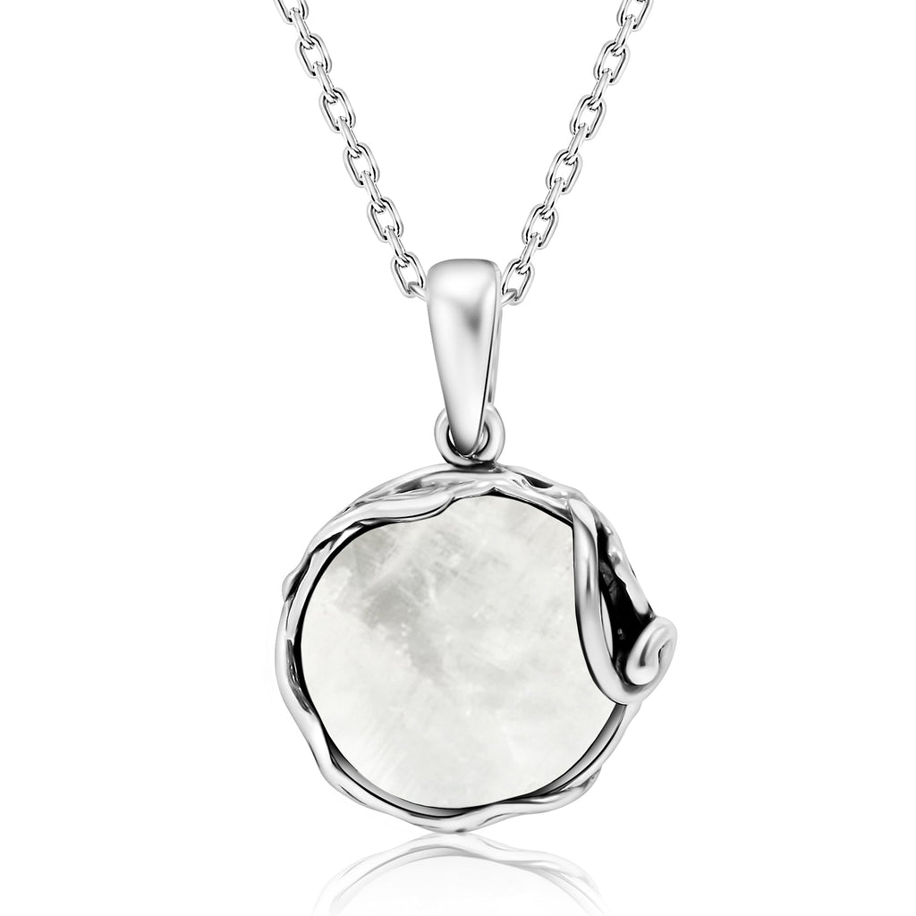 925 Sterling Silver Natural Moonstone Necklace - 14mm White Iridescent Round Gemstone Pendant, June Gemini Birthstone Birthday Present - Unique Handmade Artisan Jewelry, Vintage Style Gift for Women