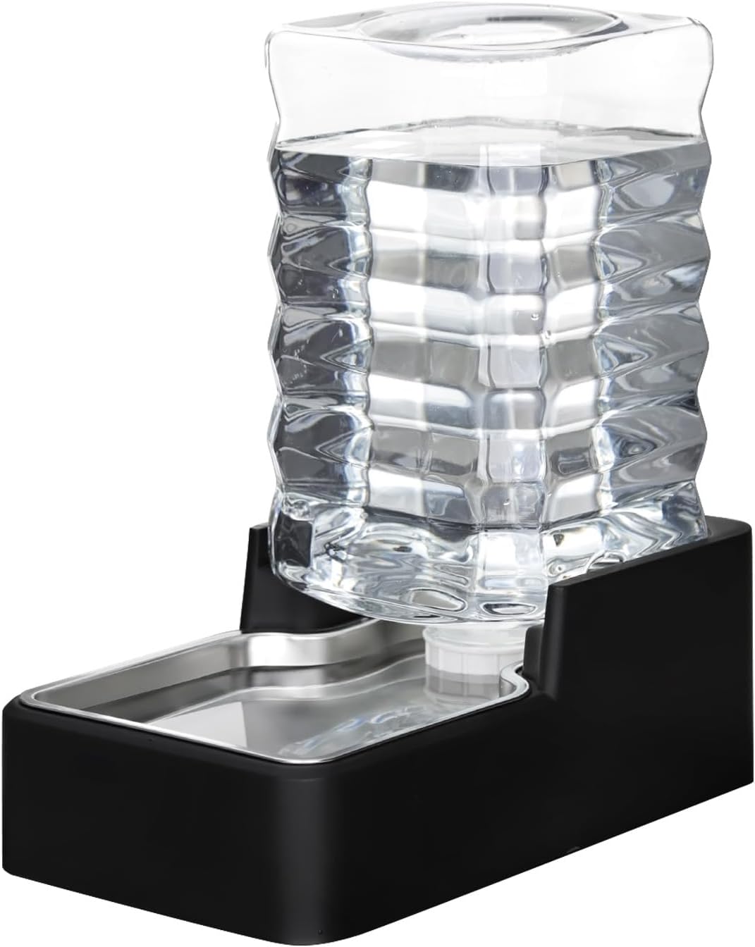 Clear water bottle with black base on a white background