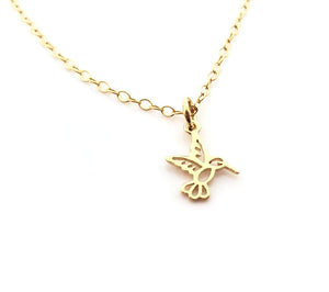 Gold Hummingbird Necklace – 24K Gold Plated over Sterling Silver Charm, Handmade 14K Gold Filled Chain