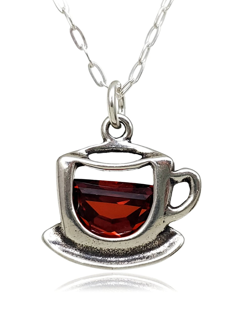 EnCharmed Sterling Silver Coffee Cup Charm Necklace with Red Cubic Zirconia, Barista Caffeine Pendant Jewelry