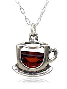 EnCharmed Sterling Silver Coffee Cup Charm Necklace with Red Cubic Zirconia, Barista Caffeine Pendant Jewelry