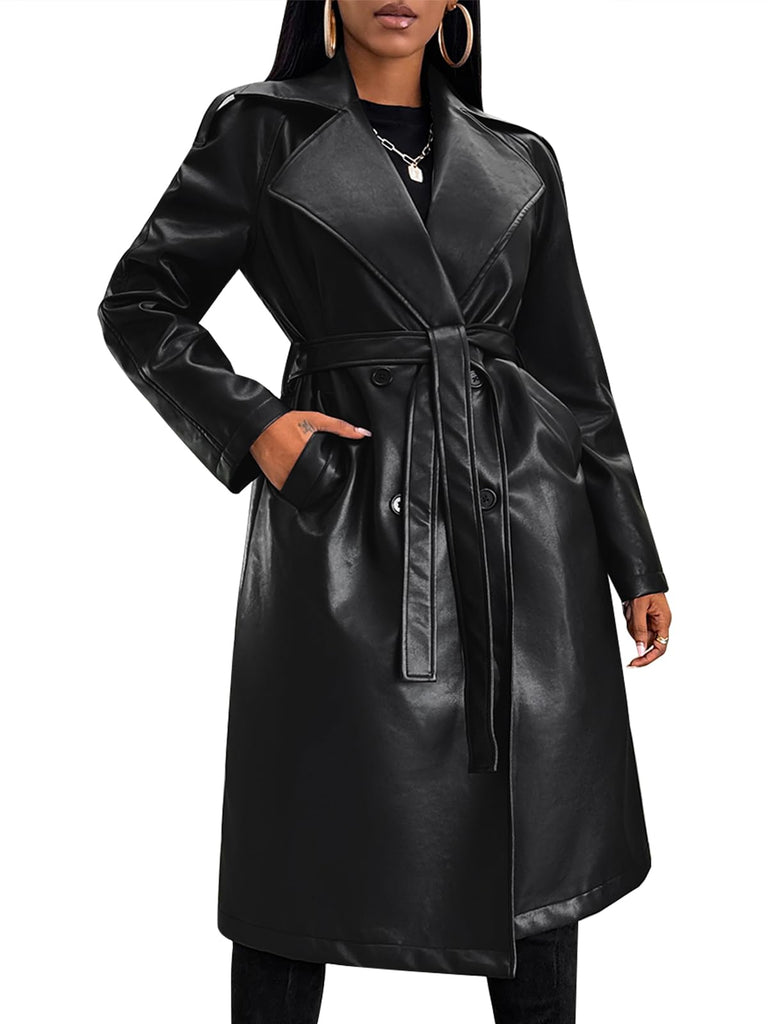 Gudasuo Leather Jacket Women Trench Coat Long Loose Button Lined Jacket Open Front Faux Motorcycle Coat with Belt