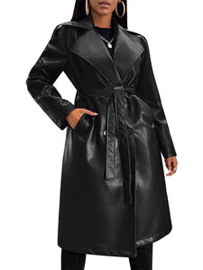 Gudasuo Leather Jacket Women Trench Coat Long Loose Button Lined Jacket Open Front Faux Motorcycle Coat with Belt