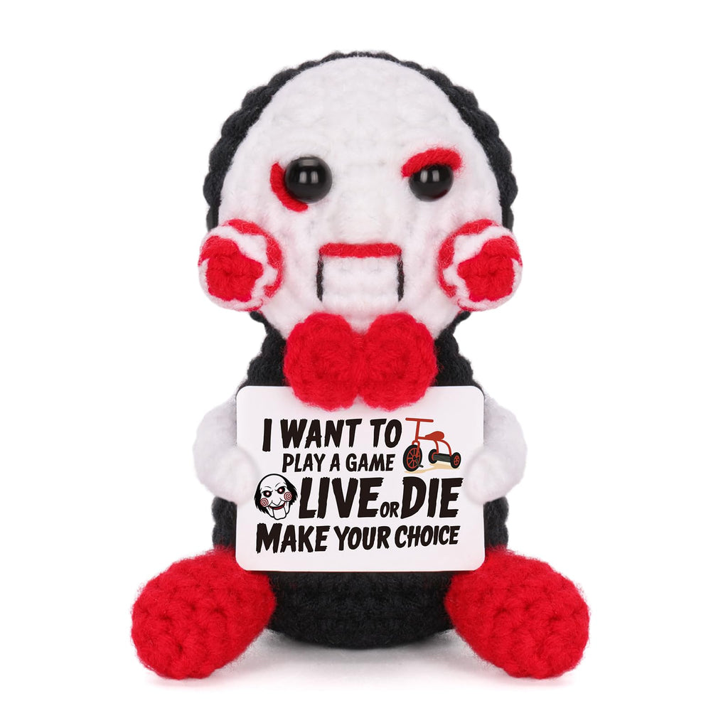 Positive Halloween Doll, Cute Crochet Hockey Saw Scream Mask Dolls with Inspirational Card Cheer Up Funny Gag Gifts (Saw Mask)