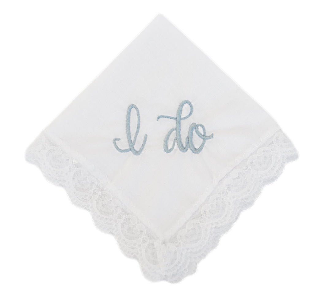 La Gartier Garters - "I Do" Lace Wedding Bridal Handkerchief With Blue Embroidery Bridal Handkerchief For Bride Gift For Bride Something Blue