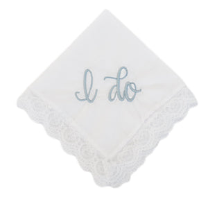 La Gartier Garters - "I Do" Lace Wedding Bridal Handkerchief With Blue Embroidery Bridal Handkerchief For Bride Gift For Bride Something Blue