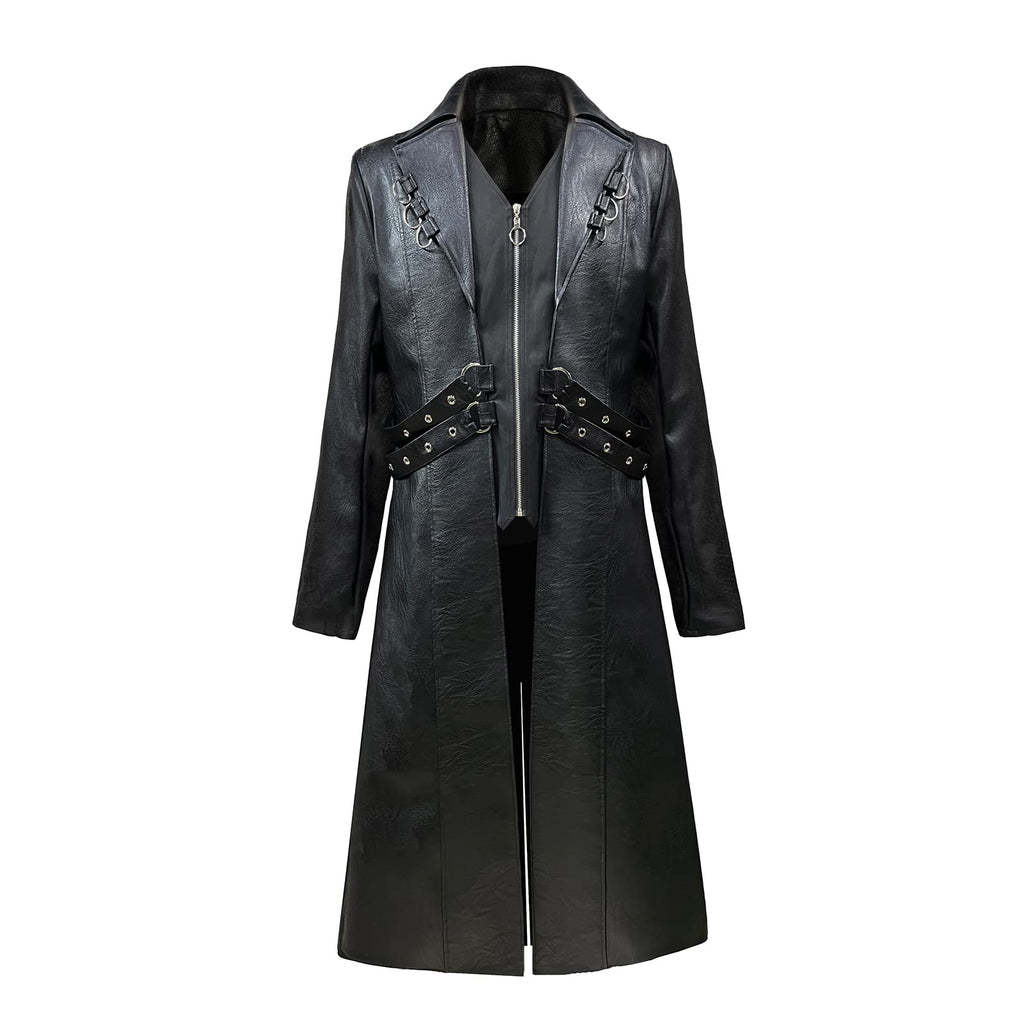 TZMAPU Men's Faux Leather Motorcycle Trench Coat Black Long Punk Jacket