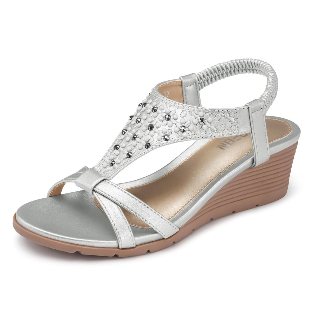 TEMOFON Sandals for Women Wedge Dressy: Summer Open Toe Dress Sandal Comfortable Casual Low Platform Beach Shoes Silver Size 10