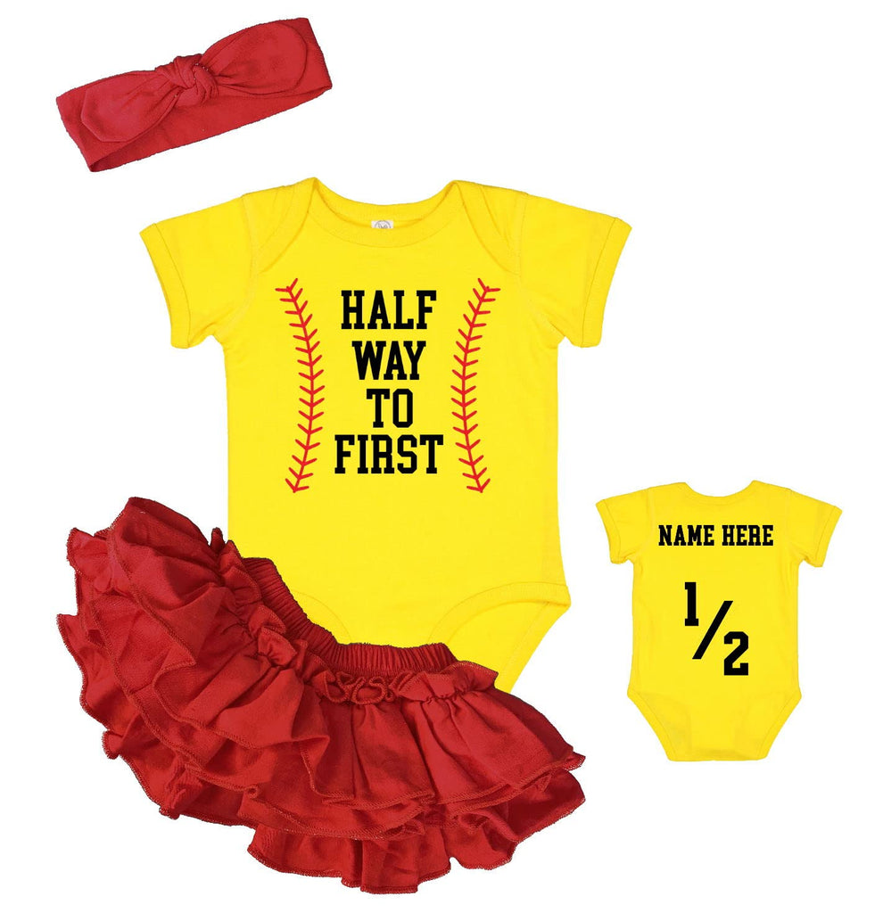 Half Birthday Softball Half Way to First® 6 Month 1/2 Halfway Outfit Set