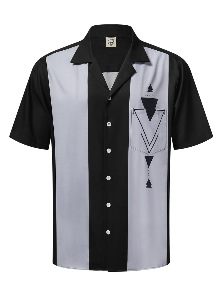 Hardaddy Men's Camp Collar Retro Vintage Bowling Button Down Shirt with Pocket Casual Short Sleeve Beach Shirts Summer Loose Fit Black Grey Triangle M