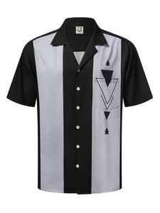 Hardaddy Men's Camp Collar Retro Vintage Bowling Button Down Shirt with Pocket Casual Short Sleeve Beach Shirts Summer Loose Fit Black Grey Triangle M