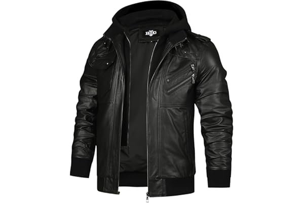 HOOD CREW Men’s Genuine Cowhide Leather Jacket Black Hooded Motorcycle Biker Jacket for Men