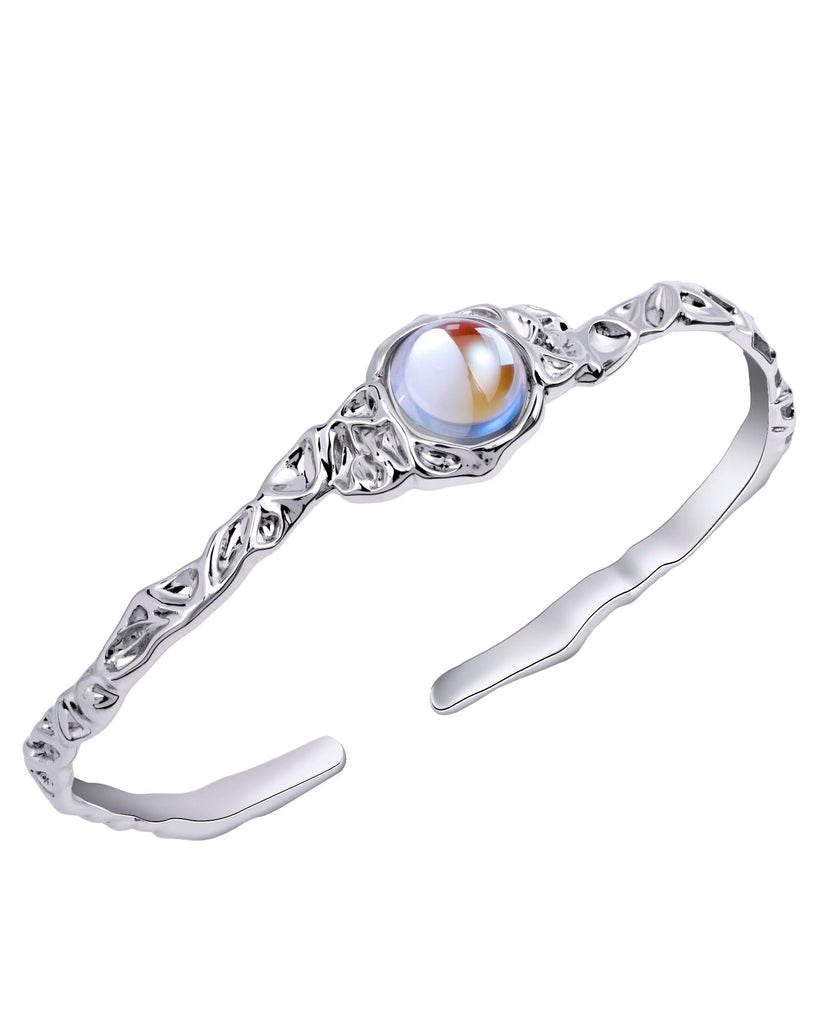 Teppdfann Silver Moonstone Bangle Bracelet for Women - Adjustable Birthstone Bracelet with Iridescent Gemstone, Natural Texture Cuff Bracelet for Daily Outfit