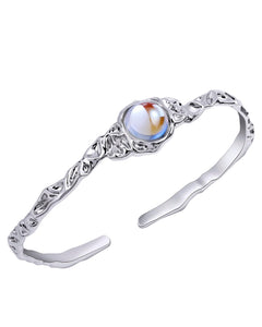 Teppdfann Silver Moonstone Bangle Bracelet for Women - Adjustable Birthstone Bracelet with Iridescent Gemstone, Natural Texture Cuff Bracelet for Daily Outfit