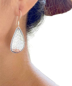 Hammered Sterling Silver Handmade Drop shape Dangle Earrings, 1 7/8" long, Light-reflecting Shiny Hammered Textured, Gift for Her