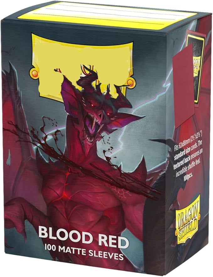 Dragon Shield Blood Red card sleeves packaging with a dragon illustration on a dark background.