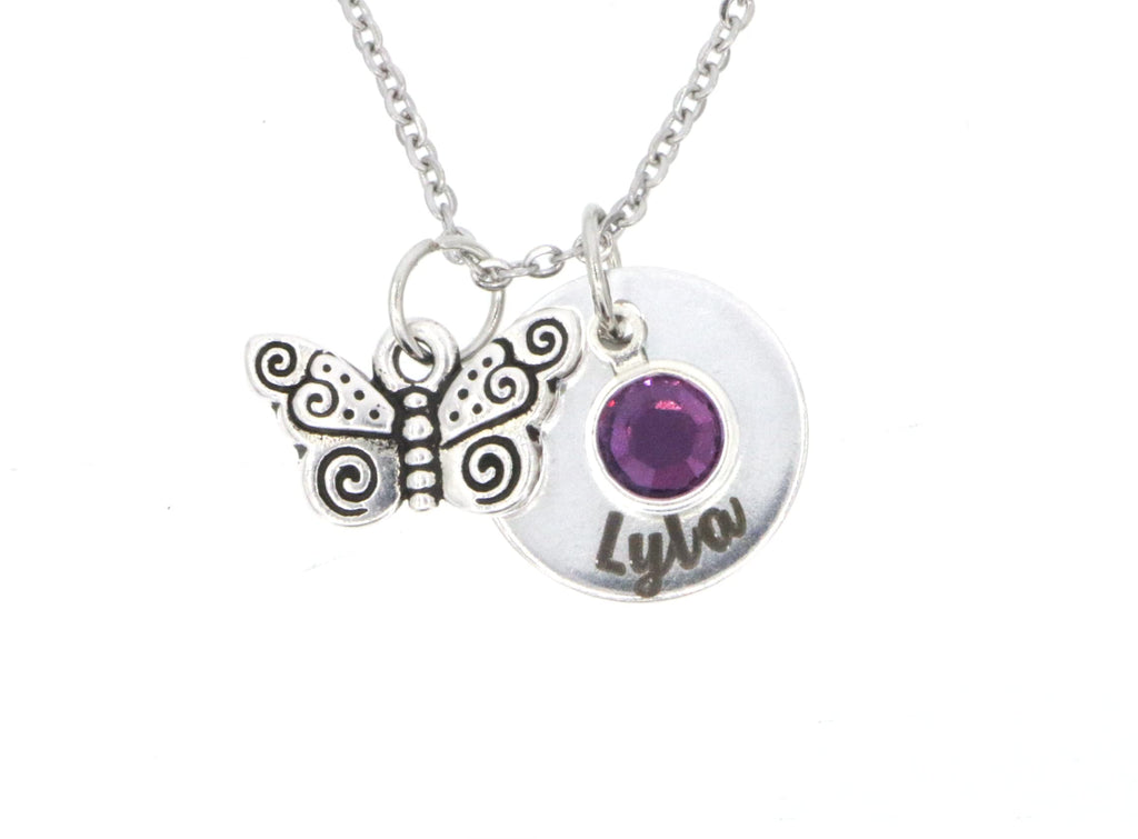 DistinctlyIvy Personalized Butterfly Necklace - Custom Name, Birthstone - Laser Engraved Stainless Steel Disc - Little Girls Jewelry - DGR-15mm