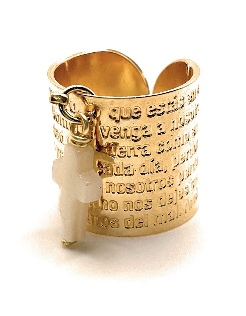 Our Father Ring, Our Father Prayer Ring, Lords Prayer, Adjustable Ring, Religious Ring, Woman Ring, Oración Padre Nuestro, Catholic jewelry, Mother of pearl cross, Gold ring, Women ring, Women jewelry