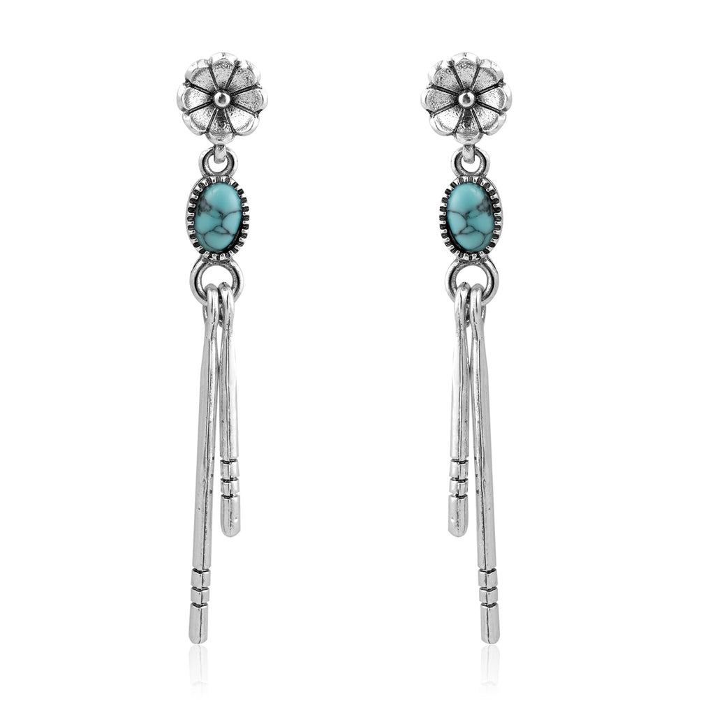 Watforsh Silver Turquoise Dangle Earrings for Women with Daisy Studs Boho Style Long Tassel Drop Earrings Western Jewelry