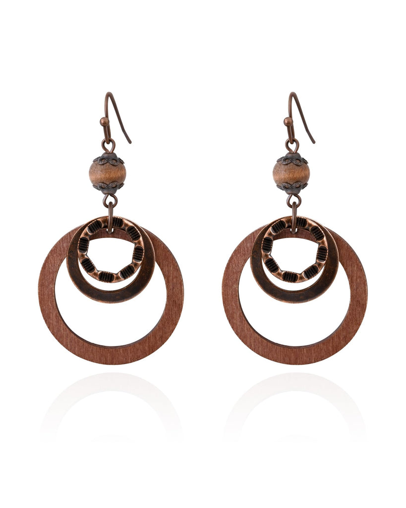 Wooden Earrings for women with Copper and Wood Circle dangle Lightweight Geometric Brown Earrings for Western Bohemian ethnic style