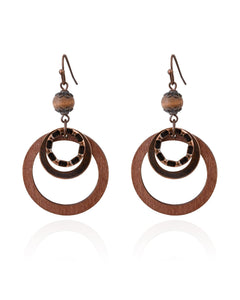 Wooden Earrings for women with Copper and Wood Circle dangle Lightweight Geometric Brown Earrings for Western Bohemian ethnic style