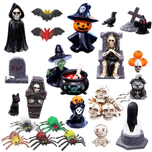 32Pcs Halloween Mini Figurines Set, Include Miniature Skull Heads Crow Tombstone Plastic Bat Spider Pumkin for Dollhouse Accessories Garden Decor Village Collections