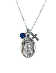 Saint Monica Necklace – Patron Saint Medal Pendant with Cross & Birthstone – Catholic Jewelry for Married Women, Difficult Marriages, Alcoholics & Verbal Abuse Victims – Handmade Gift