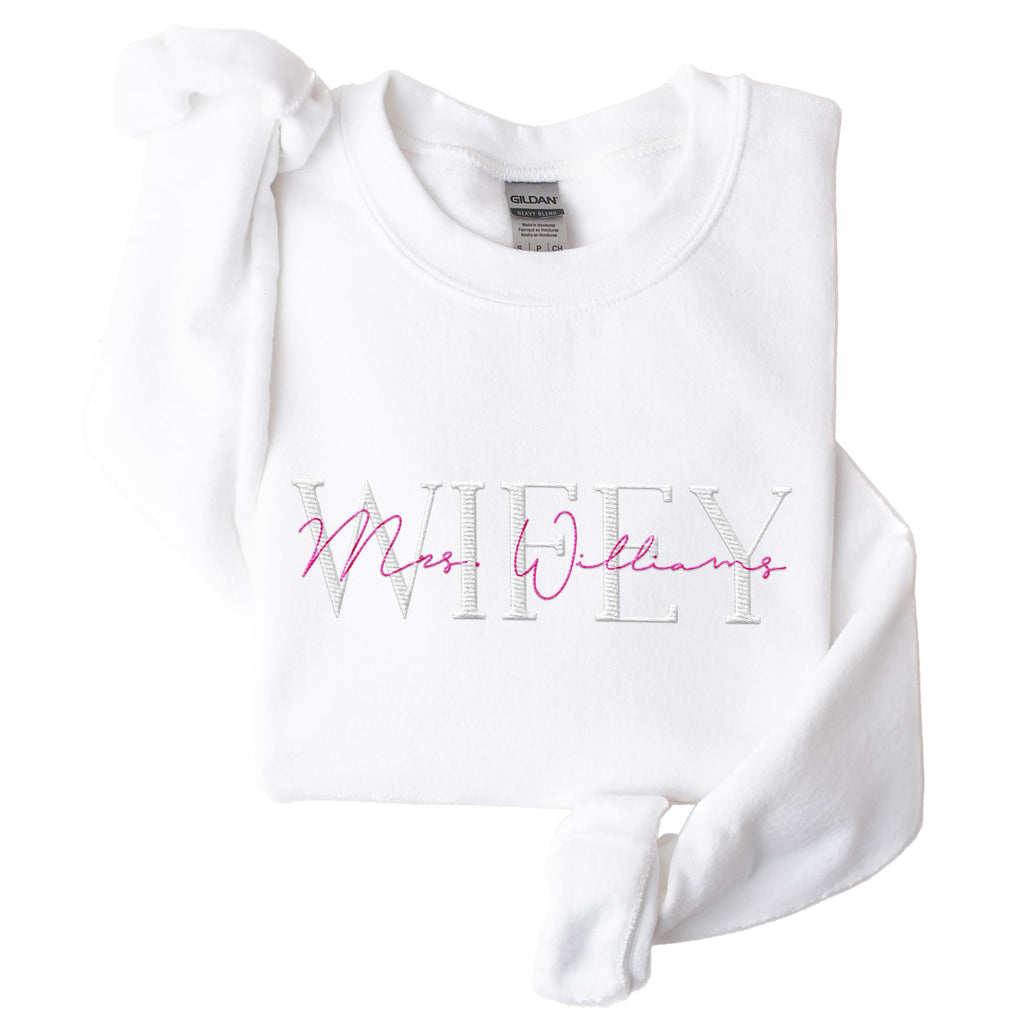 Wifey Sweatshirt Embroidered, Custom Wife Sweatshirt, Honeymoon Essential Wifey Sweater, Wife Sweatshirts For Women, Custom Wifey Crewneck Sweatshirt Gift For Bride