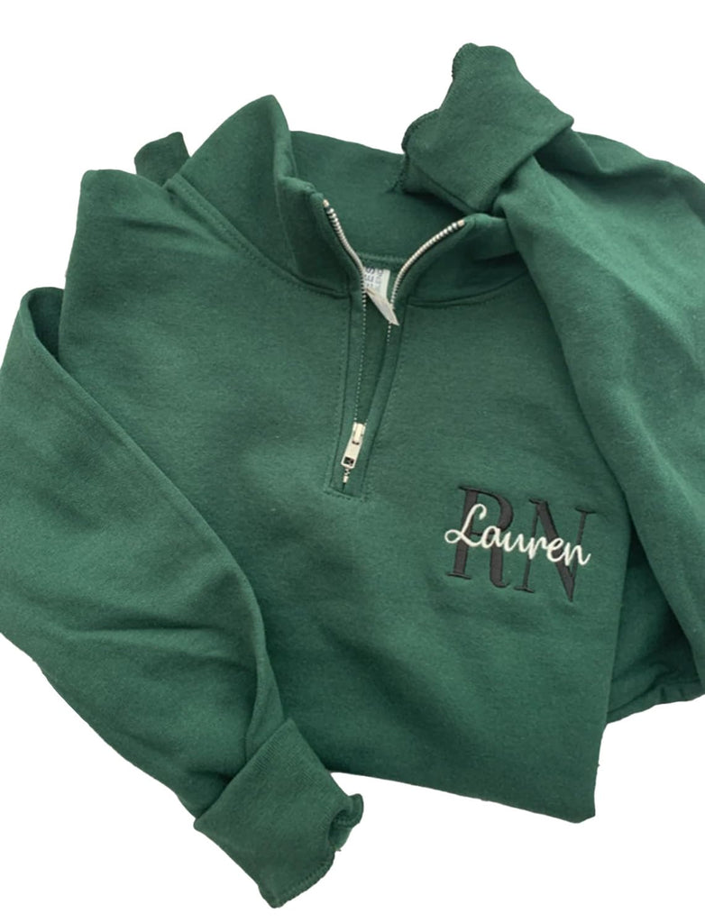Personalized Nurse Quarter Zip Sweatshirt, Custom Embroidered RN for Registered Nurse. RN Sweatshirts for Women