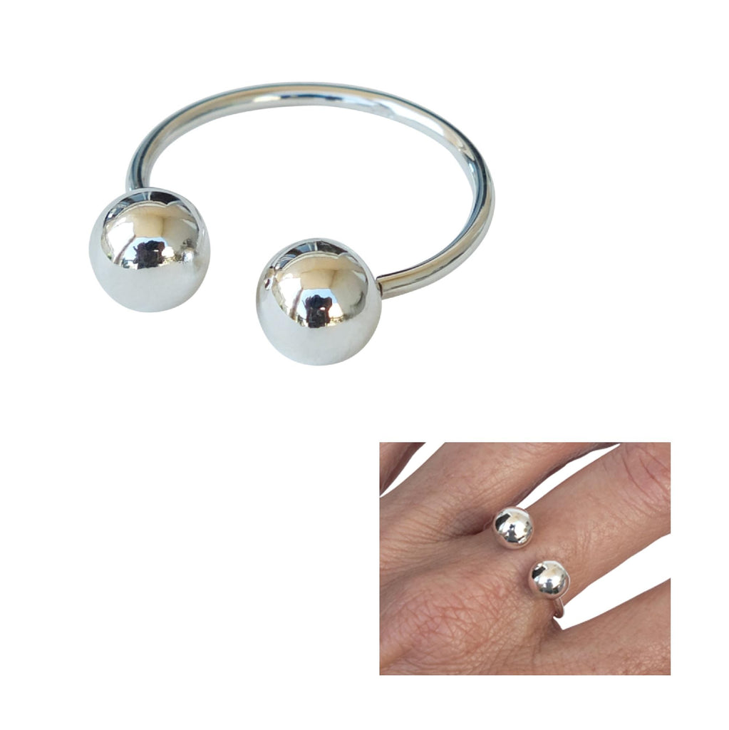 Handmade Silver Adjustable Two 7mm Balls Open Ring, 925 Sterling Silver Size 7 Hug Ring for Women, Small Dainty Minimalist Ring, By MiYa Jewelry Creations