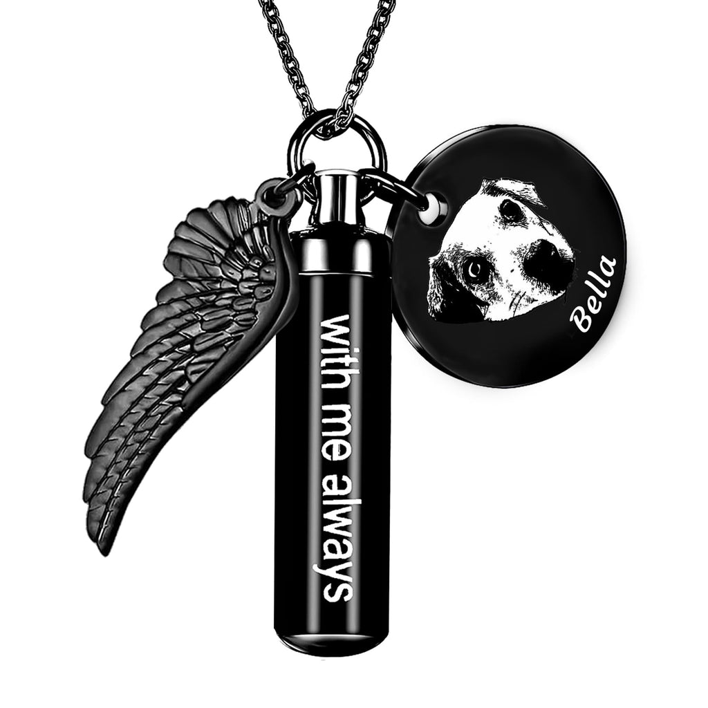Custom Cylindrical Stainless Steel Necklace, Personalized pet name and portrait ,Urn Pet Ashes Burial Jewellery,Memorial Pendant with Angel Wings,"with me always" Keepsake for Dog & Cat Lovers