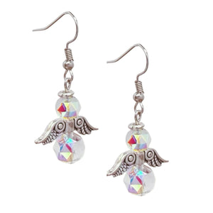 Iridescent Guardian Angel Dangle Earrings, Austrian Crystal Beads, Antique Silver-Tone Wings, Angel Jewelry Gifts for Women Girls