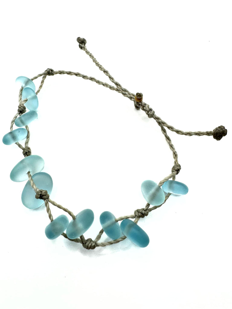 Aqua Blue Sea Glass Bracelet on Hand Spun Rope Cord Waterproof and Beach Ready, Del Mar Handmade in the Caribbean, Women's Gift (Bracelet)