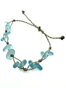 Aqua Blue Sea Glass Bracelet on Hand Spun Rope Cord Waterproof and Beach Ready, Del Mar Handmade in the Caribbean, Women's Gift (Bracelet)