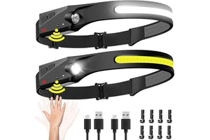 Headlamp Rechargeable 2PCS, 230° Wide Beam Head Lamp LED with Motion Sensor for Adults - Camping Accessories Gear, Waterproof Head Light Flashlight for Hiking, Running, Repairing, Fishing, Cycling