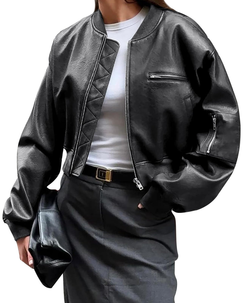 Cicy Bell Womens Faux Leather Bomber Jackets Baseball Collar Zip Up Cropped Biker Coat with Pockets