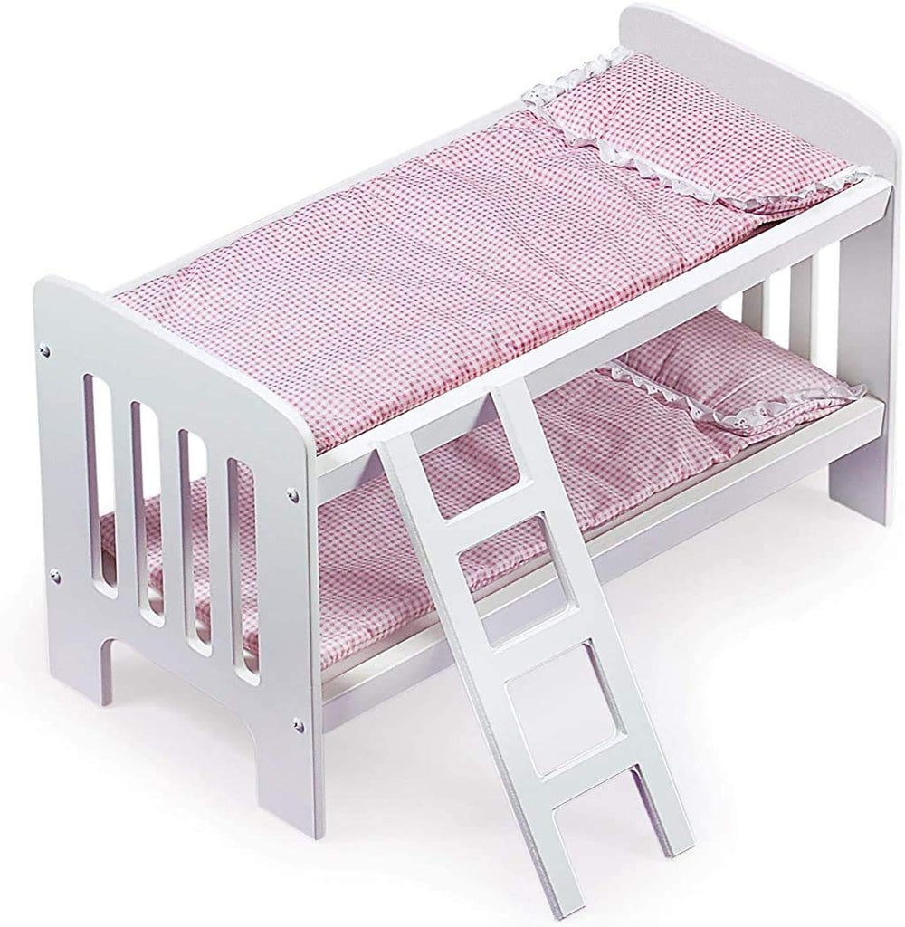 Badger Basket Doll Bunk Bed with Bedding & Ladder - Two Level Wooden Bed for Dolls, Includes Bedding & Accessories- White/Pink Gingham
