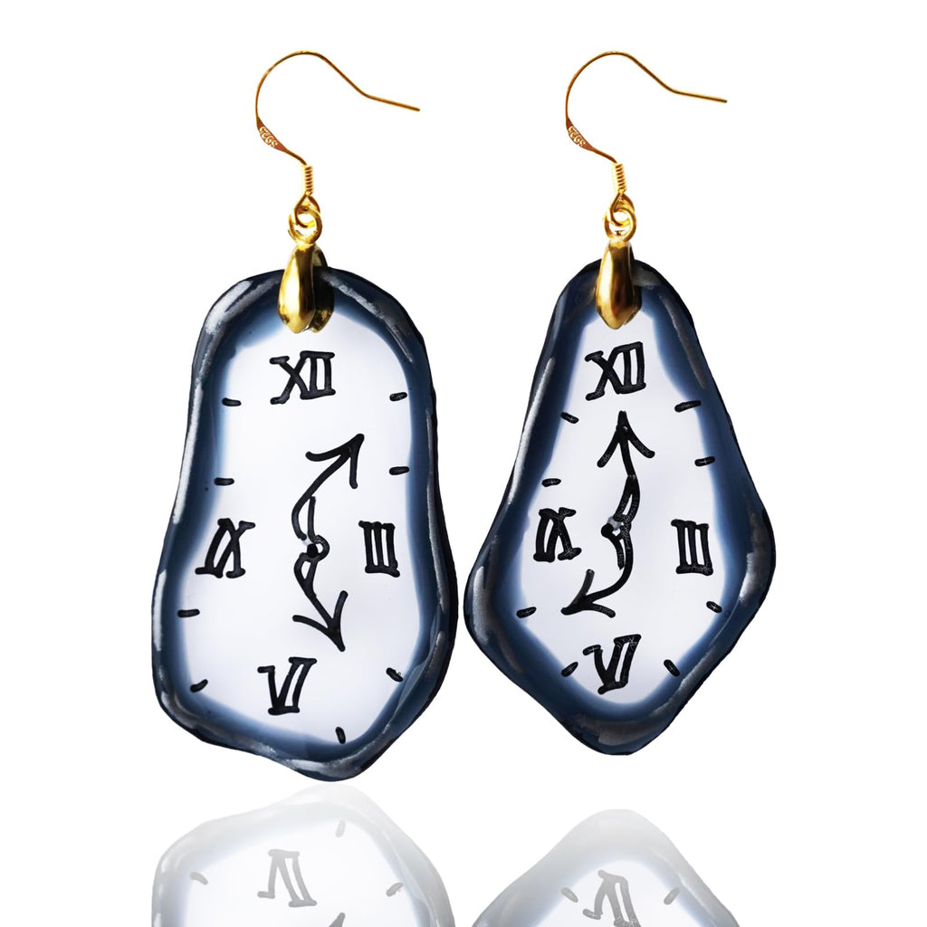 Dali-style Handmade Resin Vintage Clock Dangle Earrings for Women Retro Jewelry, Lightweight,Hypoallergenic, Black and White Roman Numeral Design, Artistic Earrings as a Gift for Women