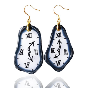 Dali-style Handmade Resin Vintage Clock Dangle Earrings for Women Retro Jewelry, Lightweight,Hypoallergenic, Black and White Roman Numeral Design, Artistic Earrings as a Gift for Women