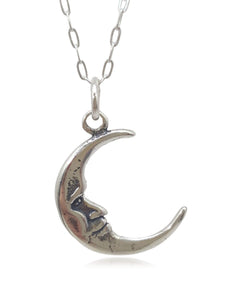 EnCharmed Sterling Silver Man in the Moon Crescent Moon Double Sided Charm Necklace, 18"