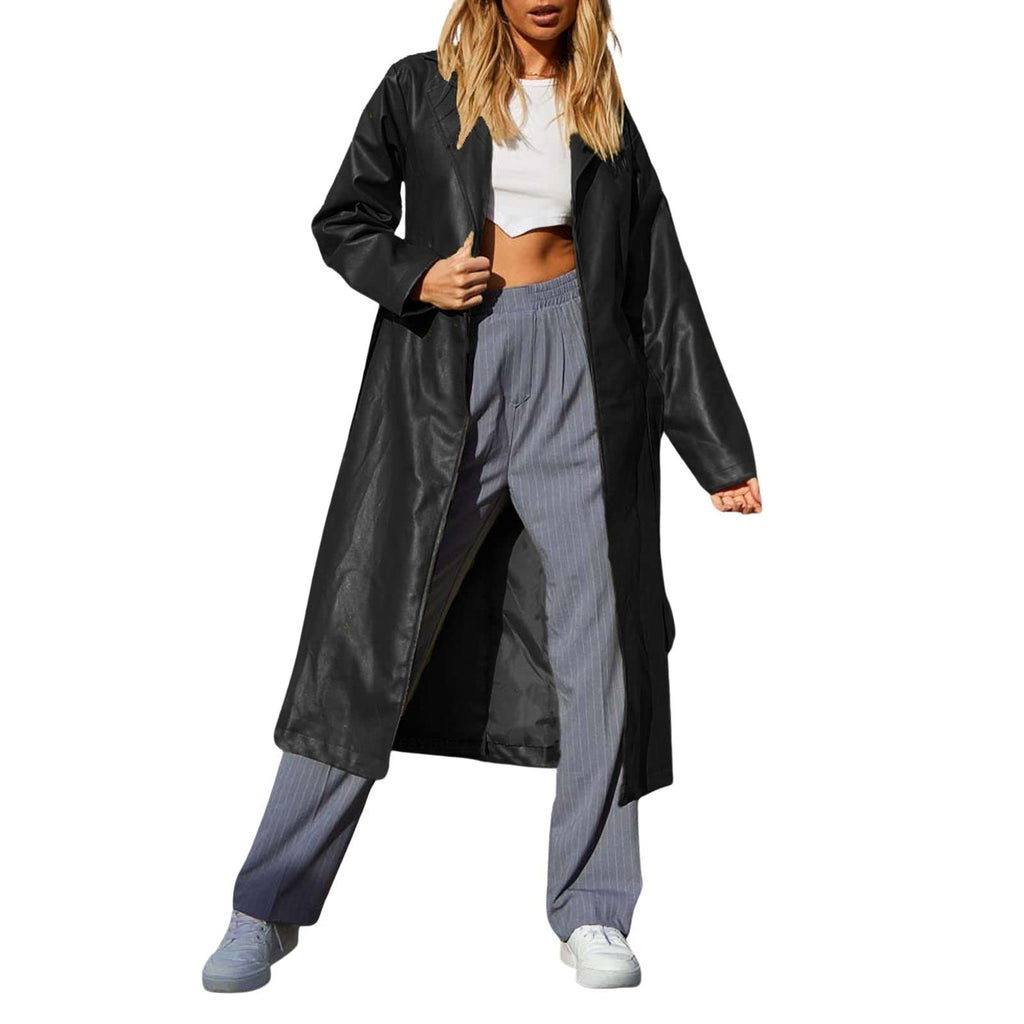 chouyatou Women's Casual Lapel Open Front Pu Faux Leather Long Trench Coat with Belt