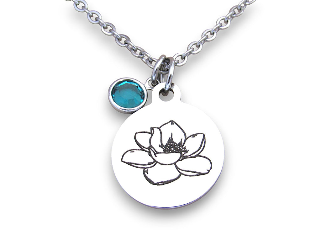 Handmade Magnolia Necklace with Birthstone Bead, Flower Jewelry Gift for Mother Daughter Sister Friend
