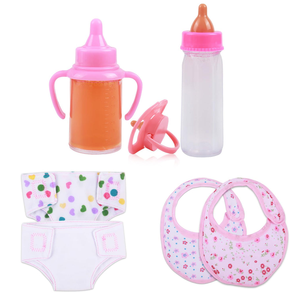 Baby Doll Accessories Set – 7 Pcs Feeding and Caring Set with Magic Disappearing Bottles, Pacifier, Diapers and Bibs Doll Pretend Play Gift for Kids